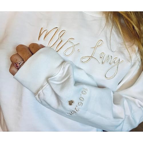 Personalized Embroidered Mrs. Hoodie, Perfect for brides and newlyweds, this custom Mrs. sweatshirt allows you to add your new last name and wedding date. Ideal for honeymoons, bachelorette parties.2