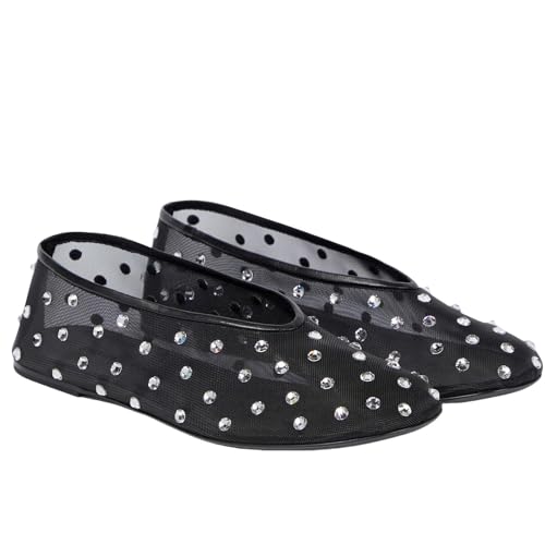 MICIFA Mesh Ballet Flats for Women Crystal Rhinestone Flat Shoes Round Toe Sparkly Ballerina Shoes Low Heel Glitter Casual Wedding Dress Mary Jane Flats Black