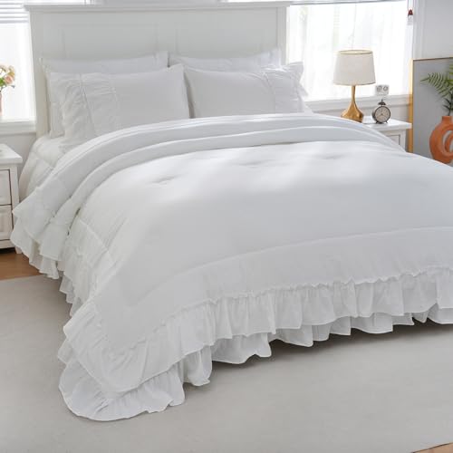 Boho Bedding Comfrter King White Comforter Set Shabby Chic Bedding 2 Layers Ruffles Home Decor Farmhouse Bed Comforter 1 Comforter 2 Pillowcases (White, King)…
