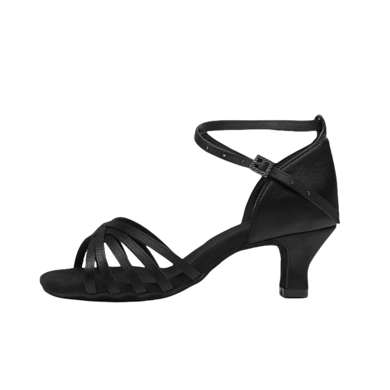 Hhhchpm Women's Latin Dance Shoes Satin Professional Ballroom Salsa Practice Performance Dance Shoes,Adjustable Crisscross Ankle Straps Match Shining Rhinestone Quick Release Buckle (Black 2.2in,7)