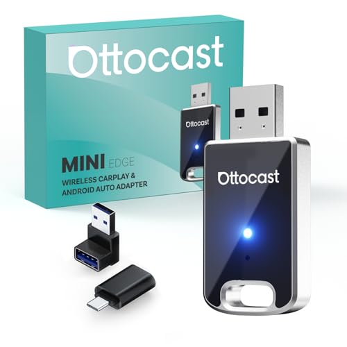 (Nuevo Modelo 2025) OTTOCAST Adaptador Inalámbrico 2 en 1 Carplay Android Auto, OTTO CAST Mini Edge para iOS 10+ y Android 11+, Plug & Play para Coches con Carplay/Android Auto de Fábrica con Cable