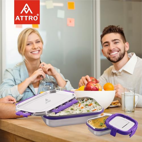 Image of ATTRO Shine Big Stainless Steel Lunch Box 2-Piece Set - 900ml + 200ml - Leak-Proof, BPA-Free, Compact & Durable - Ideal for Kids, Office, Travel - Purple