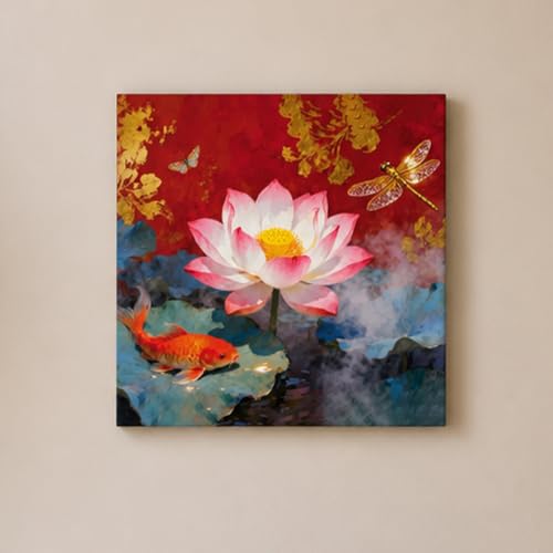 Image of PAINTINGMANTRA Koi Fish Lotus Stretched Canvas Painting for Living Room | Feng Shui Artwork Wall Decor Art For Livingroom, Bedroom, Office, Hallways - 22x22 Inch