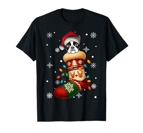 Santa Hat Boston Terrier Dog in Christmas Socks Men Women T-Shirt