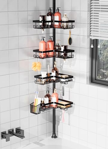 Teleskop Duschregal Ohne Bohren mit Zahnbürstenhalter Duschablage Bad Organizer 4 Körbe & Haken Für Ecke/Wand (25-114 Zoll)