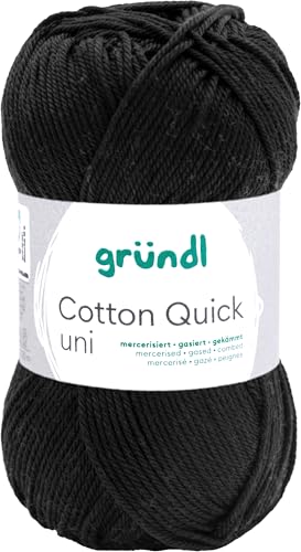 Gründl Wolle Cotton Quick uni - dünne Wolle zum Häkeln - Strickgarn - Häkelgarn - Glänzend und hautfreundlich - 100 % Baumwolle - 1 Knäuel 50 g / 125 m - Nadelstärke 3 - 4 - Schwarz