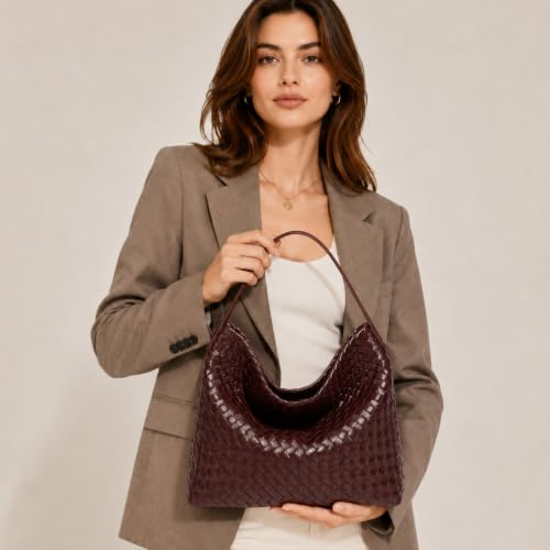 Image of Women's Braided Suede Tote Bag Stylish Suede Hobo Shoulder Bag with Woven Details for Work Travel