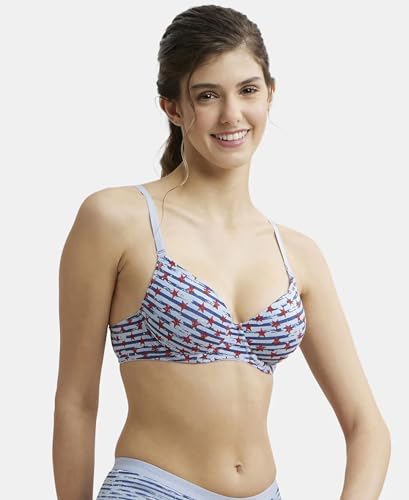 Image of Jockey UL50 Women's Under-Wired Padded Super Combed Cotton Elastane Stretch Medium Coverage Printed T-Shirt Bra with Detachable Straps (Prints May Vary)