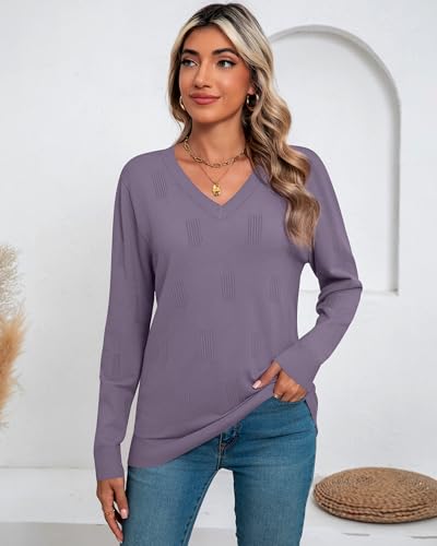 Huukeay 2 Pack Women's V Neck Sweaters, Fall Long Sleeve Tunic Tops Knitted Casual Basic Shirts Lightweight Pullover Blouses3