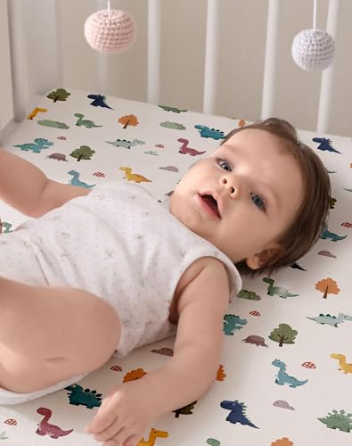 Image of Pack and Play Sheets 2 Pack, Fitted Jersey Knit Mini Crib Sheets for Baby Boys and Girls, Compatible with Graco Pack N Play and Mini Crib Mattress (Sage Dino, Pack N Play /Mini Crib Sheets)