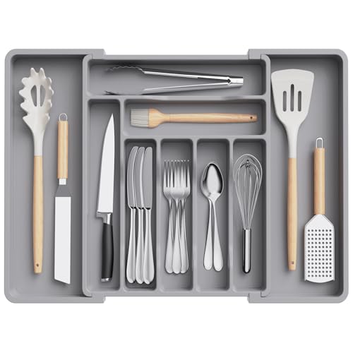 Lifewit Extendable Cutlery Drawer Organiser, Adjustable Cutlery Tray, Utensil Holder for Forks, Spoons, Knives, Plastic Kitchen Organiser and Storage, 9 Compartment, 33-57 x 38cm, Grey
