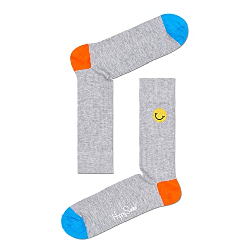 Happy Socks Mixte Ribbed Embroidery Smiley Sock Calcetines, Gray-Azul-Naranja, 36-40 EU Cover