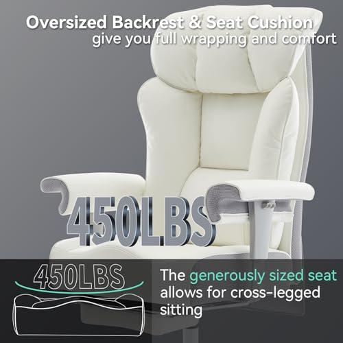 Image of Efomao Big and Tall Office Chair with Footrest, 450lbs High Back Executive Chair with Spring Cushion, PU Leather Upholstery, Padded Armrests, Swivel Base, and Rolling Wheels - White Computer Chair