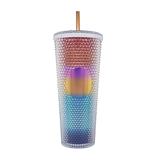 WATAKA Gobelet Plastique Réutilisable avec Paille et Couvercle, 710ml Plastic Tumbler Cups, Tasse pour Café et Boisson Froide, Tasse Double Paroi de Voyage - Arc en Ciel