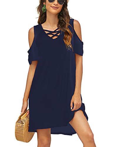 Image of Bluetime Women Cold Shoulder Summer Dress | Short Sleeve Casual Loose Swing Dress, Outfits for Vacation, Beach, Cocktail, Party, Wedding, Work, Casual, Date, Concert