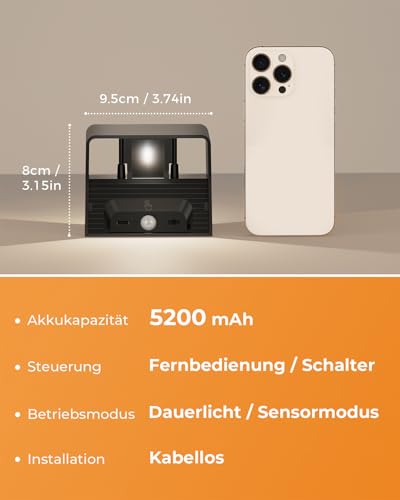VIWAVE 2 Stück Akku Wandleuchte Innen mit Bewegungsmelder & Fernbedienung,3 Farben LED Wandleuchte Ohne Stromanschluss,Kabellose Wandlampe Innen Batterie mit Schalter,Wandlampe Akku Schwarz Dimmbar
