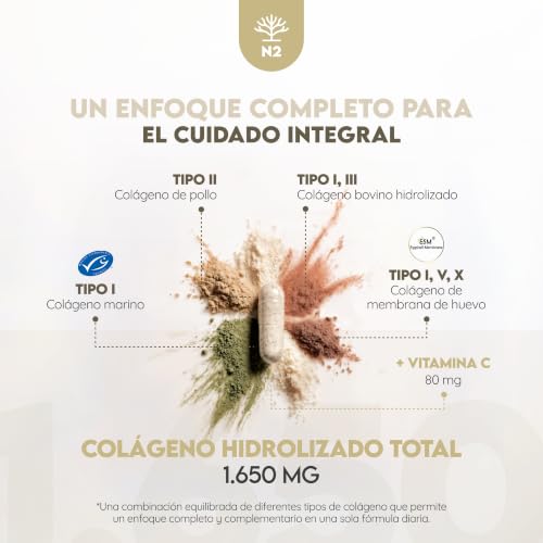 Miniatura 5 de Multi Colágeno Hidrolizado Puro 1650mg + Vitamina C 53mg. Colágeno Tipo I, II, III, V y X, 180 cápsulas. Favorece la Salud de Piel, Cabello, Huesos y Articulaciones. N2 Natural Nutrition.