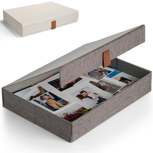 Image of ZICOTO Decorative Photo Storage Box with Lid - A Beautiful Linen Organizer Perfect to Safely Store Your Pictures, Documents, Scrapbooking Supplies, Keepsakes and Other Memories in Style