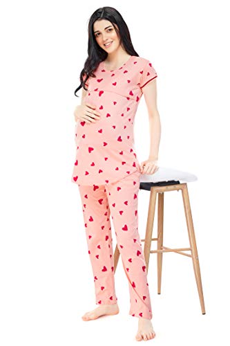 Image of ZEYO Women's Cotton Heart Printed Maternity & Feeding Relaxed Night Suit Set of Top & Pyjama Nursing Night Dress 5329 (Available in Plus Size)