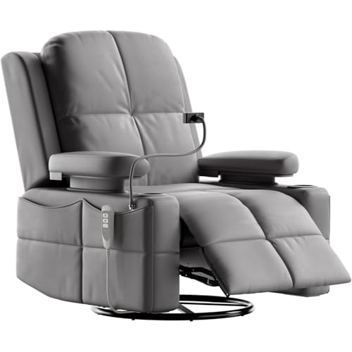 Image of MAMAZING Triple Motor Power Swivel Rocker Recliner Chair with Adjustable Armrests for Adults, FSC Certified Faux Leather Rocking Chair for Living Room, Dark Gray