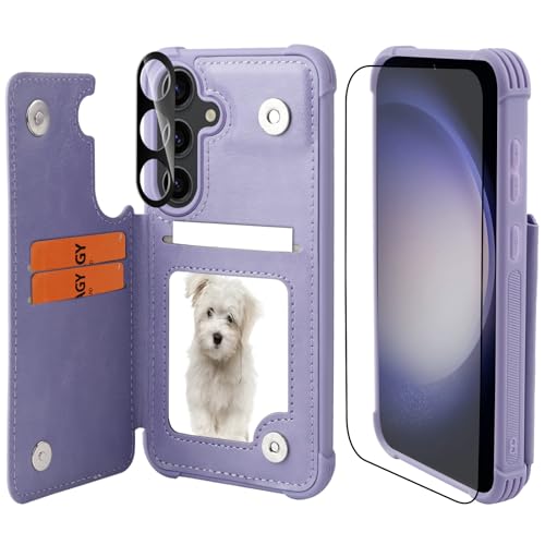 Étui portefeuille Galaxy S24+ Plus en cuir avec porte-cartes et support magnétique Violet clou