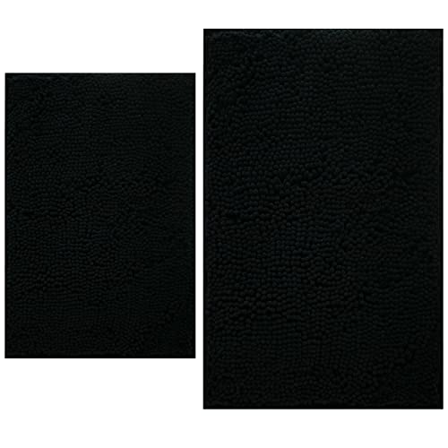 Image of Bathroom Rugs Sets 2 Piece, Extra Soft Chenille Bath Mat Ultra Absorbent Bathroom Rug, Bathroom Mat with Sturdy PVC Non-Slip Bottom, Machine Washable Bath Rugs (20x32 Inch + 16x24 Inch, Black)