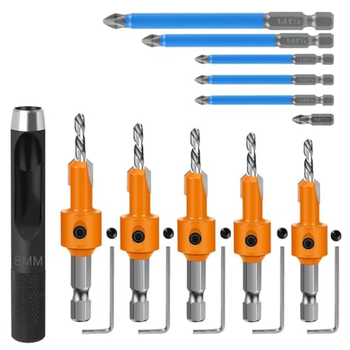 Image of Serplex 11Pcs Countersink Drill Bit Set, 5Pcs Countersink Drill Bit with 6Pcs Extra Pilot Drilling Bits, 8mm Shank, Woodworking Countersink Drilling Bits Set Counter Sinker for Woodworking