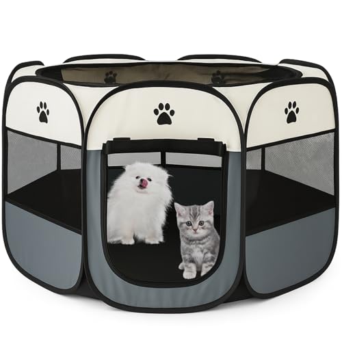 MuGaoDee ペットサークル 折畳み 犬 サークル 室内 73*73*43cm 猫 サークル 大型 八角形 犬 ゲージ 猫 ドッグハウス ペットサークル 屋根付き アウトドア 防災 猫 犬 ケージ 犬 サークル 折り畳み 室内 屋外 キャンプ メッシュサークル 頑丈 出産室 大型犬 小型犬 猫 (グレー)