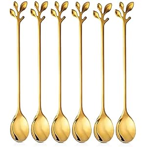 Nothers IJslepelset met lange handgreep, 6 stuks 18,8 cm ijslepel, creatieve bladgouden cocktailroerlepel, premium roestvrij staal in levensmiddelenkwaliteit, lange lepel, hoogglans afwerking en vaatwasmachinebestendig