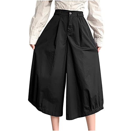 Wide Leg Pants for Women Culottes Pants Lightweight Loose Fit Summer Trousers Elastic High Waist Pants Cinch Bottom Black