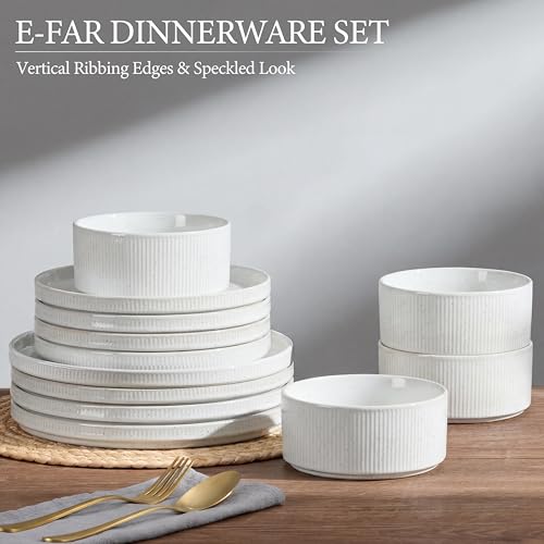 Image of E-far Stoneware Dinnerware Sets for 2, 6-Piece Plates and Bowls Sets, Chip & Scratch Resistant Ribbed Dish Set for Home Restaurant, Microwave & Dishwasher Safe, Speckled White