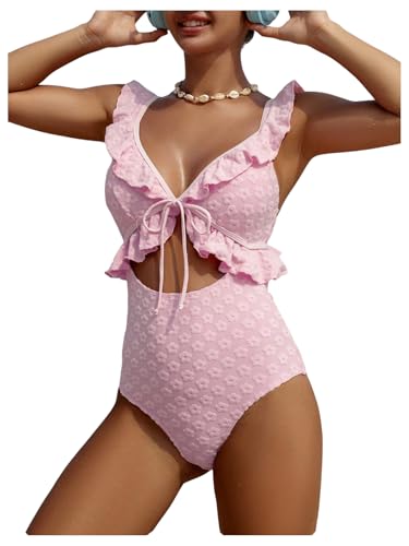 SweatyRocks Women's Cut Out Ruffle Floral One Piece Swimsuit Tie Front Monokini Bathing Suit
