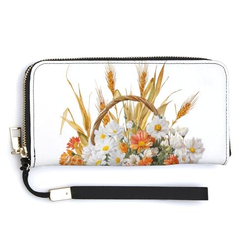 Basket of Flowers Daisies Autumn Pumpkins PU Leather Clutch Long Bifold Wallet, Coin Purse Credit Pass Case, Durable Card-Holder Money Storage for Women Men - Main Image