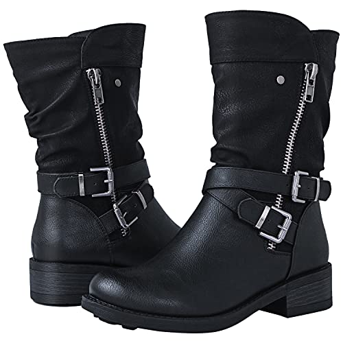 GLOBALWIN Women's Fall Fashion Biker Boots Mid Calf Boots For Women Low Heel2