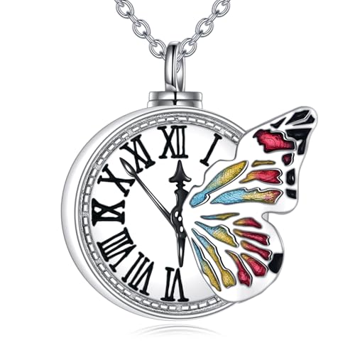 POPLYKE Butterfly Urn Necklace for Ashes Sterling Silver Clock Locket Necklace Cremation Jewelry Gift for Women