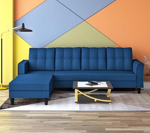 Image of Adorn India Maddox Tufted L Shape 5 Seater Chenille Sofa Sofa Set LHS (Blue) (3 Year Warranty)