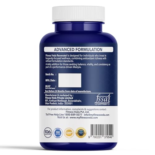 Image of FITNESS VEDA Trans Resveratrol 99.9% Pure 500mg Supplement Slow down Aging | Anti-Inflammatory | Improves Metabolism and Heart health (60 Veg Capsules)