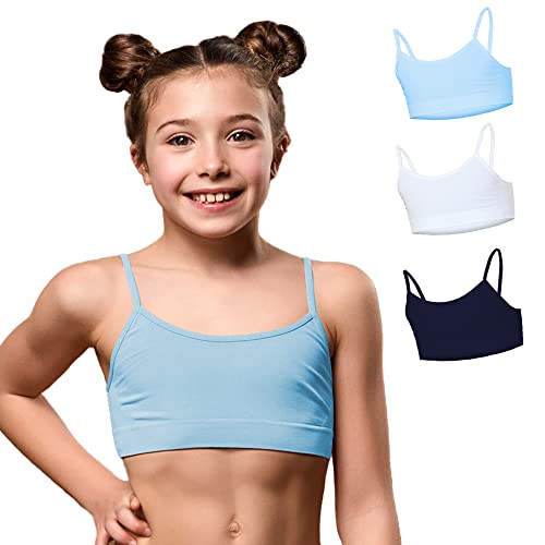 FOCENZA Top Bambina con Spalline Sottili in Morbida Microfibra, Elasticizzato e Confortevole per Ginnastica Artistica, Danza e Sport, Multipack da 3 Pezzi, Made in Italy (Bianco-Azzurro-Blu)