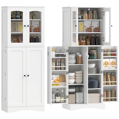 HOMCOM Buffet haut cuisine 162cm, armoire cuisine, vaisselier vitrine en acrylique, 4 portes à fermeture douce, 10 compartiments, 8 porte-racks et étagères...