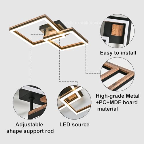 Image of LED Flush Mount Ceiling Light, Double Square Led Ceiling Lights Fixture (23W 3000K), Minimalist Wood Ceiling Lamps for Bedroom, Kitchen, Hallway