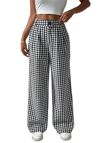 Women's Gingham Plaid Pants Summer High Waisted Wide Leg Pants Beach Casual Trouser