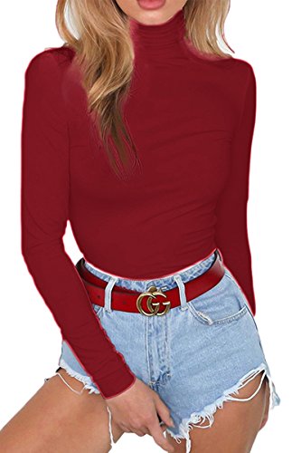 ioiom Womans High Neck Long Sleeve Snap Crotch Leotard Stretch Winter Fleece Bodysuit Jumpsuit Romper Wine XL