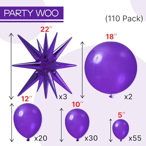 Image of PartyWoo Dark Purple Star Balloons 110pcs Different Sizes 18 12 10 5 Inch Pack 22 Inch Purple Spike Star Explosion Foil Mylar Balloon Arch Kit for Birthday Wedding Party Decorations Purple-Y16