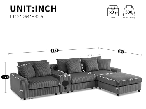 Image of Merax 4 Seater Corduroy Sectional Modular Couch Sofa w /Bluetooth Speakers, L Shaped Deep Seat Cloud Comfy Couches Sofa w /Console, USB Charger, Cup Holders, Storage, Ottoman Chaise for Living Room