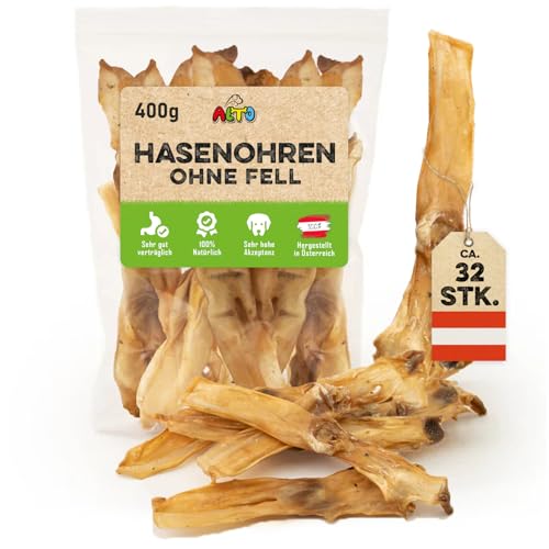 ALTO - Premium Hasenohren ohne Fell für Hunde - 400g Ganze Kaninchenohren ohne Fell für Hunde - Qualität aus Österreich - 100% Natürliches Hundeleckerli, Welpen Leckerlies
