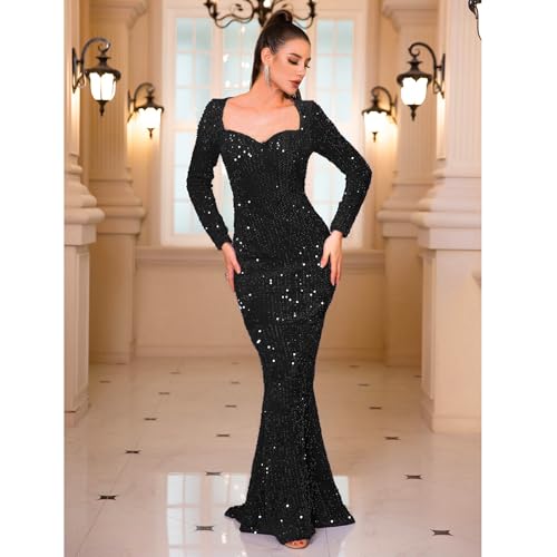 Image of Velvet Sequin Formal Evening Party Dress Sweatheart Bodycon Long Sleeve Maxi Gown