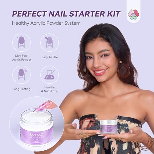 Image of SAVILAND Acrylic Nail Kit Starter Set: 30g Clear Acrylic Powder and Liquid Set with Size 12 Nail Brush Forms Tools Extension Nail Kit for Beginners with Everything Home DIY Salon Manicure