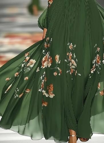Women's Green Off-Shoulder Floral Print Long Sleeve Slim Fit A-Line Maxi Dress with Pleats Elegant Party Summer Dress3