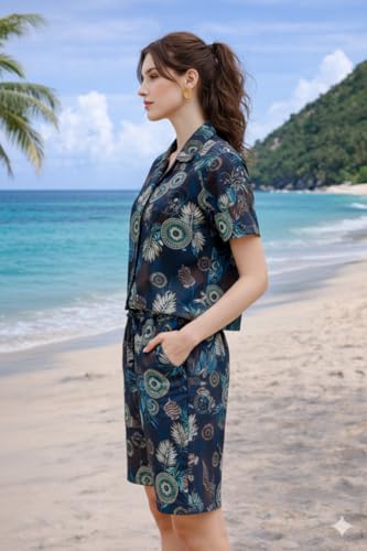Image of Zilcon Woman Cotton Floral Printed Co-Ord Set - Short Sleeve Shirt with Matching Shorts, Lightweight Breathable Summer Outfit, Beach Vacation Casual Wear