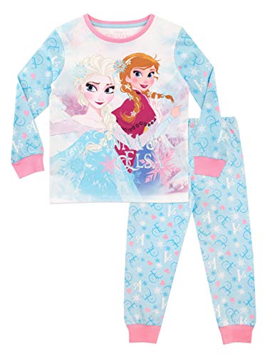 Disney Schlafanzug Mädchen | 100% Baumwolle Frozen Pyjama Kinder | ELSA Eiskönigin Und Anna Lang Schlafanzüge Blau 116cm